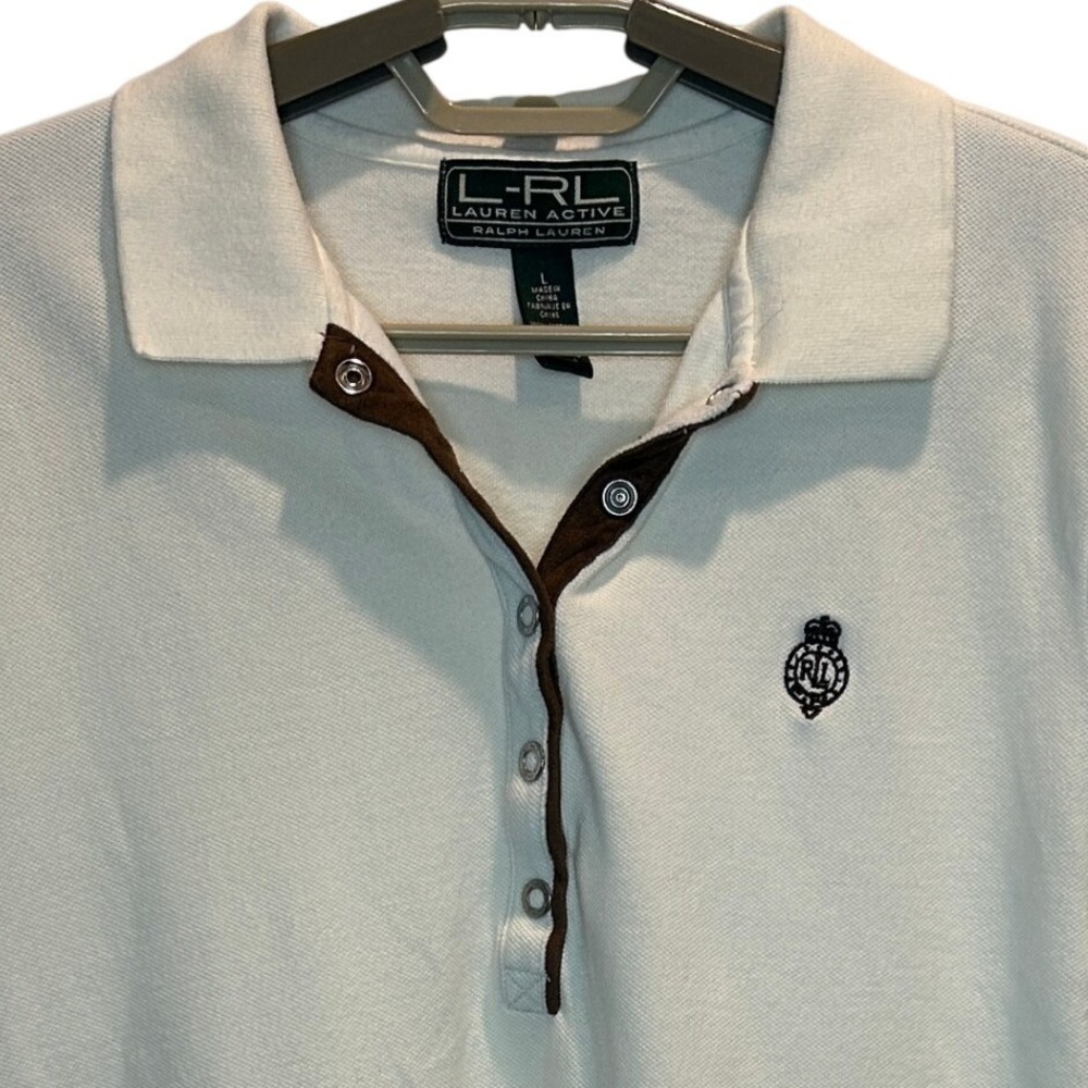 Ralph Lauren Active Polo Shirt Large Women's White Brown Trim Crest Snap Button
